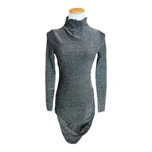 New Womens Shein Lettuce Trim Ruched Black w Silver Glitter Bodycon Dress Sz S thumbnail 2