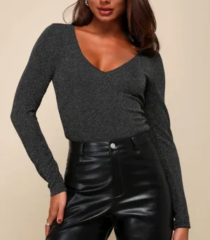 Lulus NWT Clean Look Black and Silver Lurex V-Neck Long Sleeve Bodysuit thumbnail 1