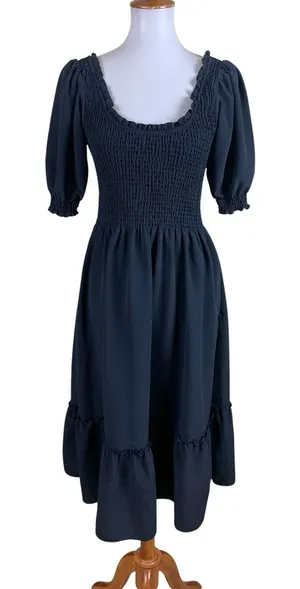 Hill‎ House Home The Nap Dress Black Smocked Puff Sleeve Midi Small thumbnail 1