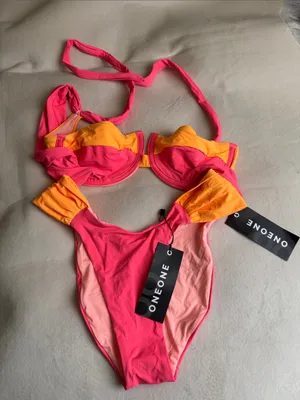 ONEONE Colorblock Pink & Orange Bikini Set top M bottom S thumbnail 1