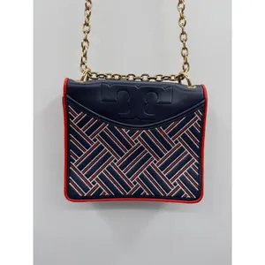 Tory Burch Alexa Convertible Shoulder Bag Navy Red Embroidered‎ Leather Chain thumbnail 2