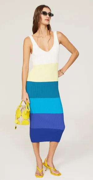 STAUD Blue White Colorblock Stripe Sleeveless V-Neck Dana Midi Dress Size Small thumbnail 1