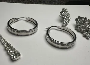 Sparkly Clear Rhinestone Pierced Earrings Lot Of 3 Dangle Hoop Stud Silver Tone thumbnail 3