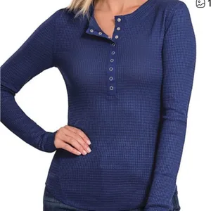 Zenana Light Navy Long Sleeve Henley Top thumbnail 1