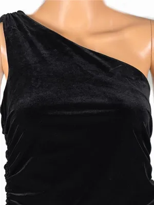 HOUSE OF HARLOW 1960 Black One-Shoulder Ruched Velvet Dress Small thumbnail 3