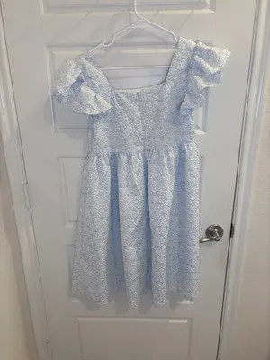 Lemmus Blue White Floral Dress Ruffle Sleeve Fit Flare Midi Cottagecore Medium thumbnail 3