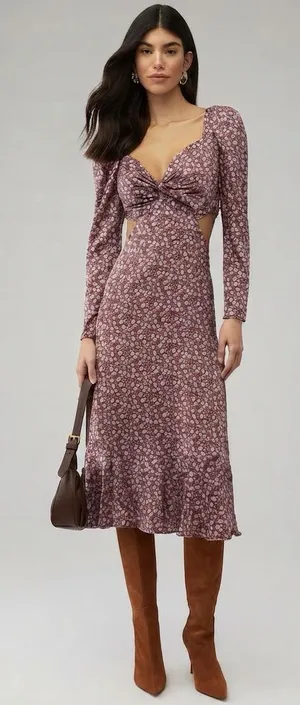 ASTR The Label Lainie Dress Floral Cutout Midi Sz S Puff Sleeve Lavender Brown thumbnail 1