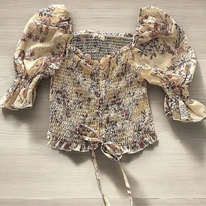 Small•Vintage Floral•Smocked•Crop Top• Blush J•Square Neck•Puff 3/4 Sleeves• thumbnail 1