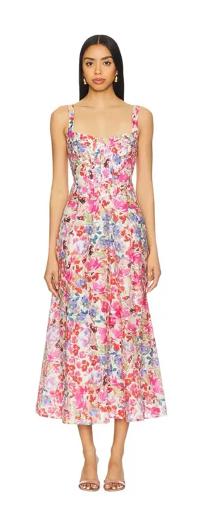 Bardot x Revolve - NWT Floral Corset Midi Dress Linen Blend Boned Bodice Sz L thumbnail 1