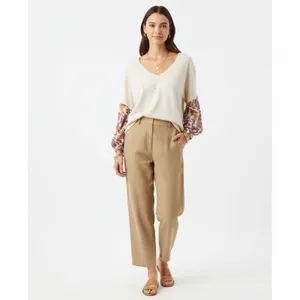 Anthropologie Tan Cream & Red Long Floral Sleeve V Neck Oversized Top M thumbnail 6