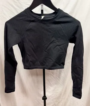 Offline by Aerie Seamless Waffle Long Sleeve Crop Active Top in Black XS thumbnail 1
