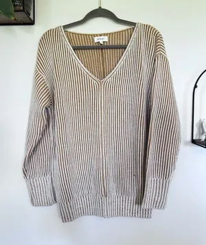Bohme Brown & Cream Striped Knit V Neck Long Sleeve Sweater Size Large thumbnail 1