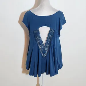 Free People Blue Short Sleeve Top with Cutout Lace Back NWT Size Medium thumbnail 6