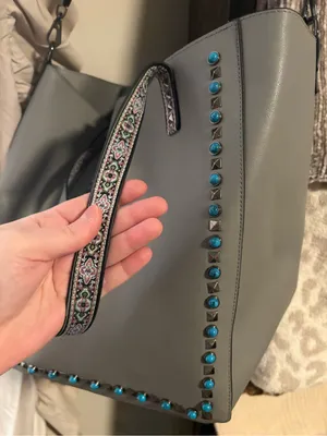 Women's Grey Tote Bag with Turquoise Stud Accents thumbnail 3