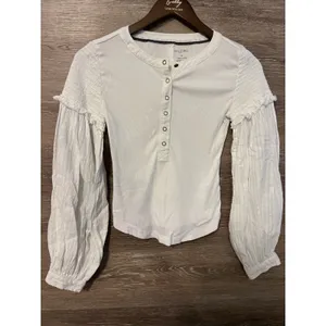 Pilcro Anthropologie White Ribbed Henley Top Smocked Balloon Sleeve Womens XS thumbnail 2
