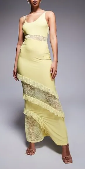 ASOS Cami Strap Lace Panel Maxi Dress Ruffle Detail Pastel Butter Yellow 12 NEW thumbnail 1