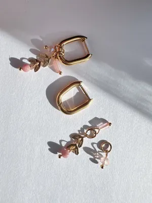 Gold hoop earrings with removable pink charms thumbnail 3