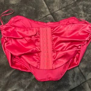 Satin Strapless Corset Crop Top in Bright Pink thumbnail 1