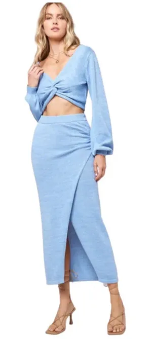 L*Space Womens Blue Siren Ruched High Slit Cotton Knit Midi Skirt Size S‎ thumbnail 1