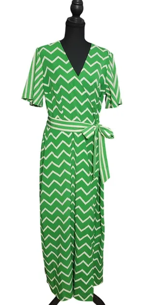 Who What Wear Green Chevron‎ Stripe V-Neck Flowy Maxi Dress Preppy Boho Brunch L thumbnail 1