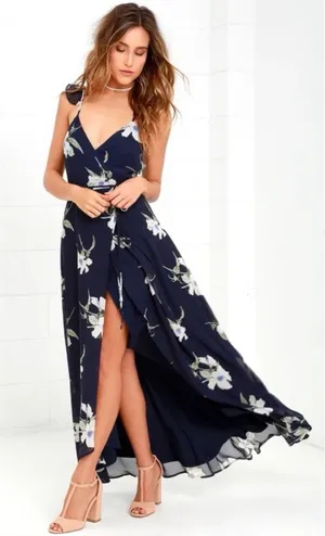 Lulus All Mine Navy Blue Floral Print High-Low Wrap Maxi Dress Large thumbnail 1
