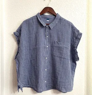 Old Navy Womens Shirt Blouse Blue White Gingham Plaid Boxy Button Up Size XL thumbnail 1