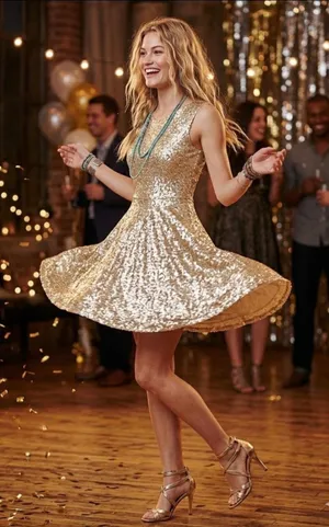 Dressever Short-Sleeve V Neck Gold Sequins Party Knee Length Dress Women Size S thumbnail 1