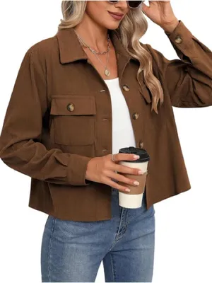 Zeagoo Fashion Cropped courdoroy Shacket Button‎ Down Crop Jacket brown size XS thumbnail 1