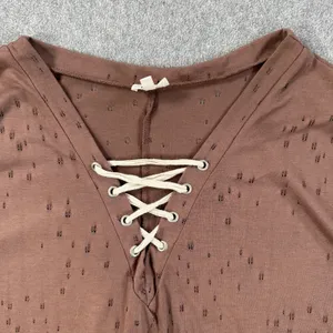 Buckle Tattered Lace Up Tee Shirt Women's Small Brown Short Sleeve Distressed thumbnail 3