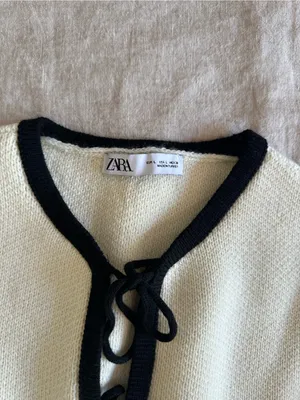 Zara Cream Tie Front Knit Cardigan Contrast Trim Large thumbnail 3
