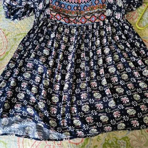 Umgee Navy Boho Aztec Print Mini Dress 3/4 Sleeve Babydoll Tunic Size Medium thumbnail 8