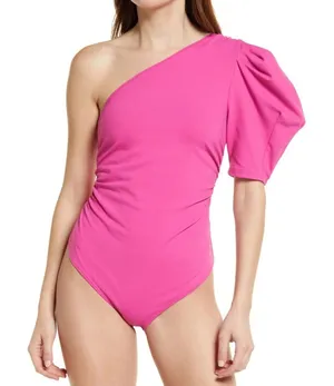 NEW Free People Somethin Bout You Pink One Shoulder Puff Sleeve Bodysuit Women S thumbnail 1