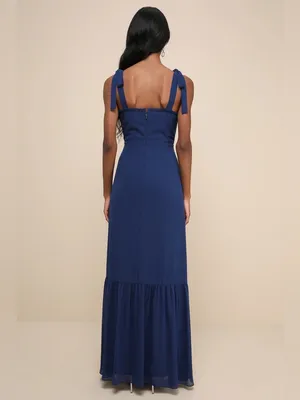 NEW Lulu’s Truly Gorgeous Dark Blue Ruffled Bustier Tie-Strap Maxi Dress XS NWT thumbnail 2