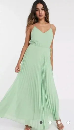 ASOS Design Pleated Cami Maxi Dress Drawstring Waist in Sage Green thumbnail 1