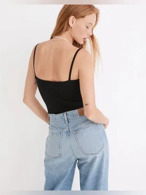 NWT Madewell Ribbed Cami Thong Bodysuit Black Simple Basic Bodysuit Medium thumbnail 2