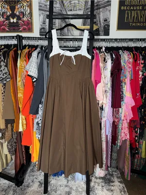 Moon River Two Tone Drop Waist Peekaboo Midi Dress Brown White Women’s Large thumbnail 3