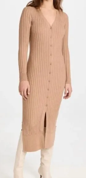 Club Monaco Camel Rib Knit Cardigan‎ Midi Sweater V-Neck Dress Size Small thumbnail 1