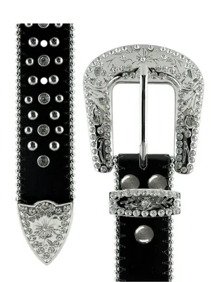 Western Black Leather Belt with Crystal Studded Rhinestones, Engraved Buckke thumbnail 3