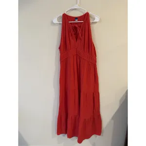NWT Old Navy Fit & Flare Crinkle Gauze Tiered Maxi Dress Red Orange Bohemian thumbnail 2
