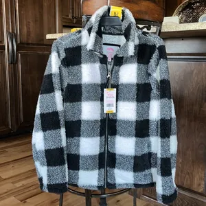 Sherpa Cozy Jacket Fluffy Zip Black White Buffalo Checkerboard Comfy Womens M thumbnail 7