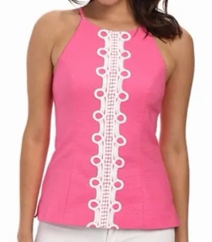Lilly Pulitzer Top Halter Pink Seersucker Womens Size 12 Lace Annabelle Halter thumbnail 1