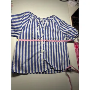 J.Crew Blue White Striped Blouse Tie Neck Puff Sleeve Coastal Chic thumbnail 3