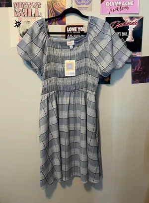 LuLaRoe Alina Light Blue Plaid Smocked Midi Dress thumbnail 1