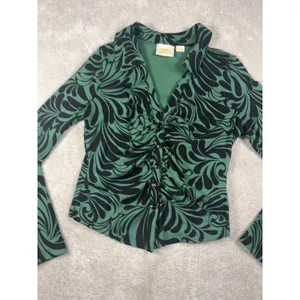 maeve anthropologie top Black‎ Green Ruched Button Front Medium Long Sleeve thumbnail 2