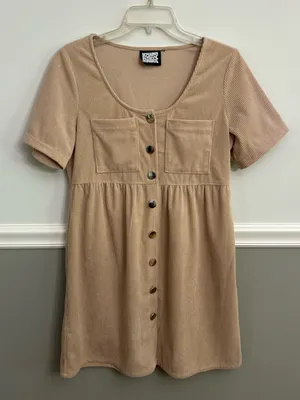 Reclaimed Vintage Brown Tan Ribbed Corduroy Short Sleeve Button Dress Medium thumbnail 1