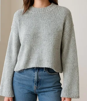 Anthropologie Chunky Knit Sweater Size Large Wide Bell Sleeves Blue Cotton thumbnail 1