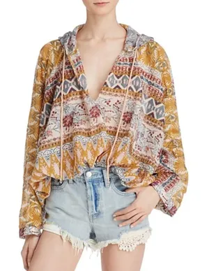 Free People Hold‎ On Tight Gauze Pullover Top Hooded Floral Paisley XS Small thumbnail 1