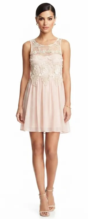 VTG Y2K L'atiste Romantic Boho Crochet Lace Pleated Mini Dress Sleeveless Pink S thumbnail 1