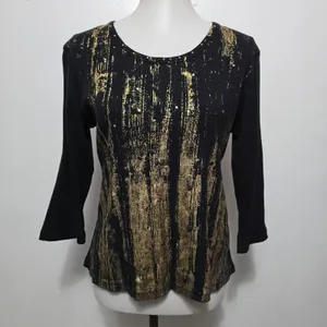 Cha Cha Vente Black Gold Distressed Graphic Print 3/4 Sleeve Top L Whimsigoth thumbnail 2