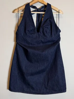 Free People Trevi Denim Mini Dress Women's Large Rinse Halter Backless Festival thumbnail 7